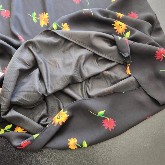 Vintage 70s Black Floral Maxi Dress Vest Overlay Flowy Sleeveless Size 14 Petite - Picture 8 of 16